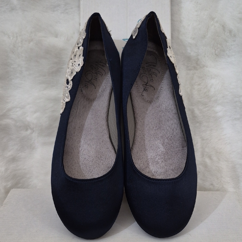 Women's Satin Navy Blue with Lace Wedding Flats Custom Made Size 8